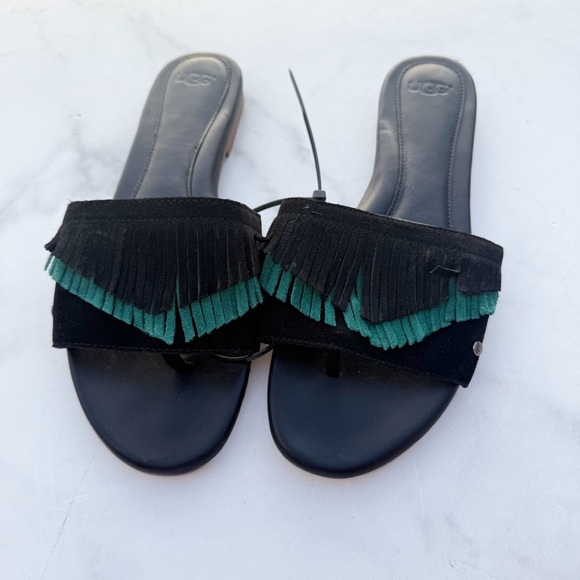 UGG Size 9 Black and Green Women's Binx Suede Fringe Slide Sandals NEW! - Picture 1 of 7